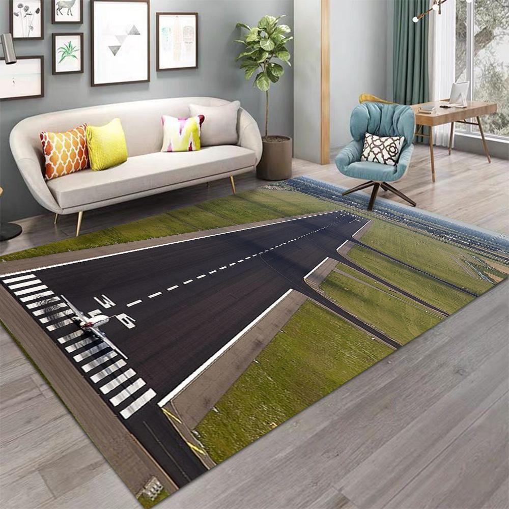 Airport Runway Carpet 3D Airplane Takeoff Design Sunset Cityscape Pattern Non Slip Large Area Rug for Modern Living Room