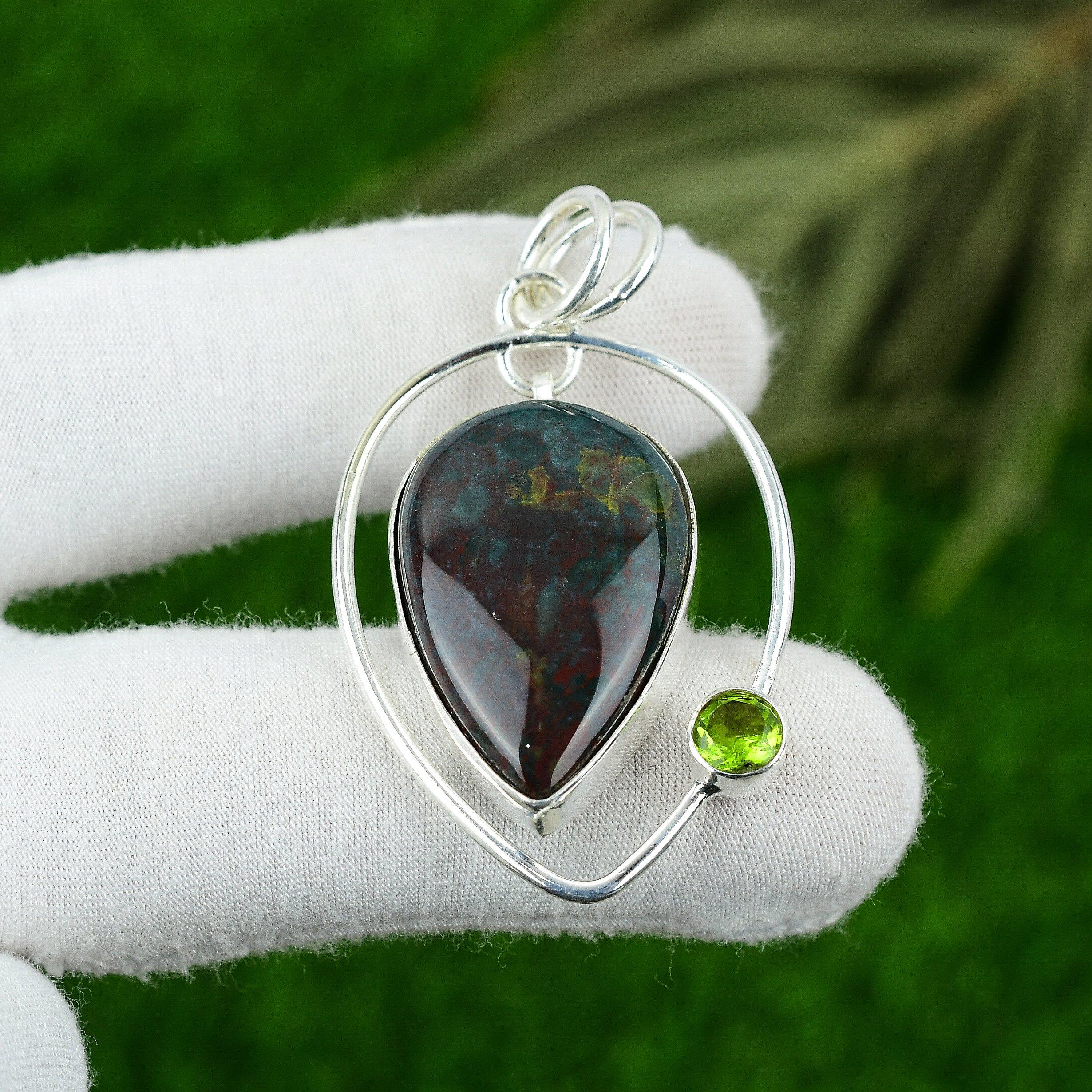 

925 Silver Pear Bloodstone Stone Peridot Wife Engagement Birthday Bezel Pendant