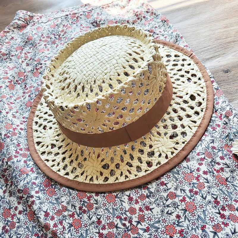 Japanese Korean Version Hollow Woven Beige Flat Top Top Top Hat Women'S Summer Sunshade Vacation Beach Straw Hat Small Fresh And Retro