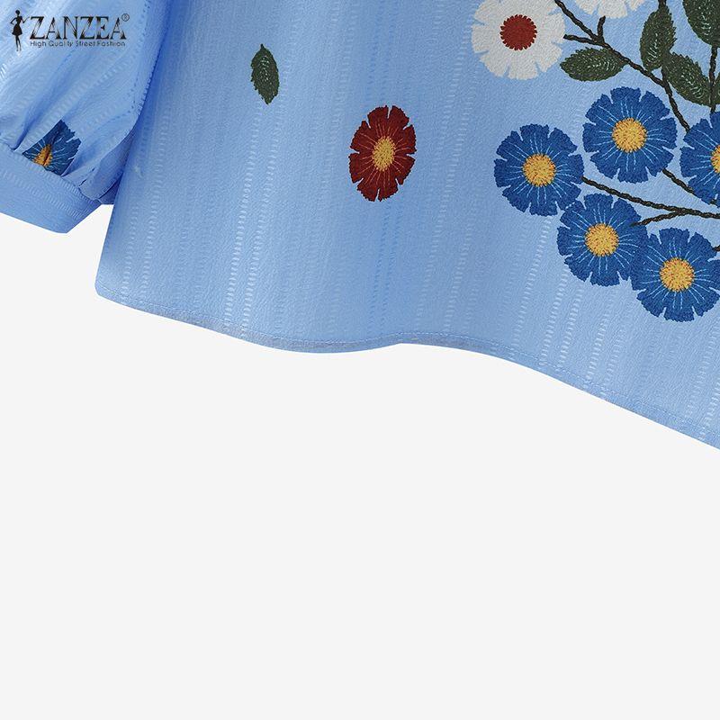 ZANZEA Women Casual V-Neck 3/4 Sleeve Loose Floral Print Blouse