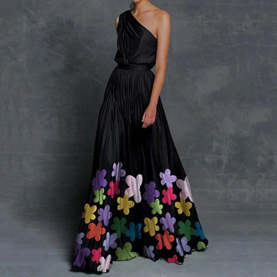 1 Set Bankettkleid Kontrastfarbe Atmungsaktiv Bodenlang Großer Saum Abendkleid