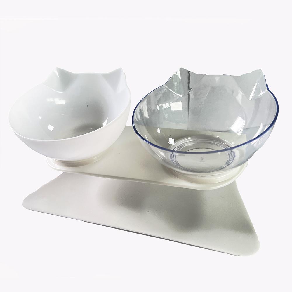 Raised Cat Bowl with Stand 15° Tilted Cat Bowls for Kittens Elevated Cat Bowl Anti Vomiting Double Cat Bowls Plastic Transparent