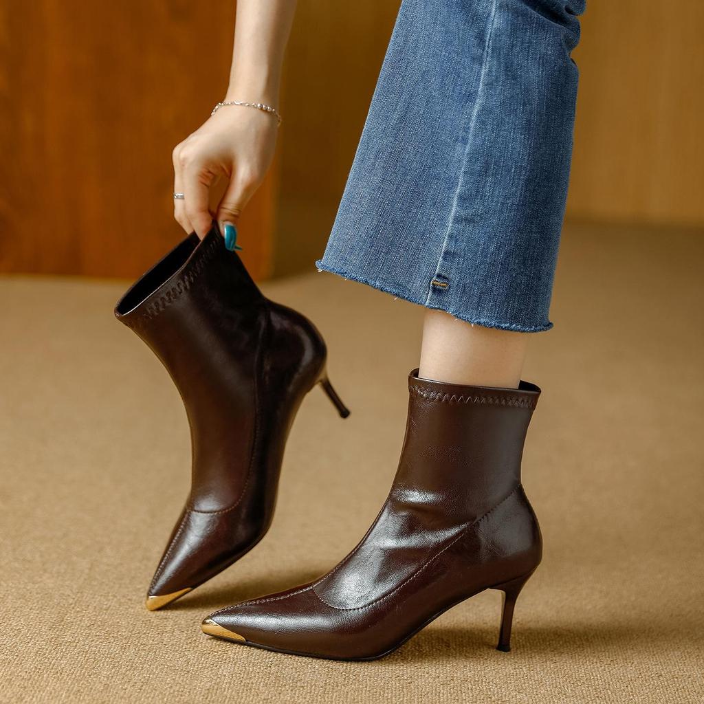Metallic Pointed Toe Stiletto Ankle Boots - European & American Style 2025, Autumn Nude Slimming Fashion
