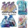 100 Pcs Rainbow Hot Stamping Coral Gauze Bag Blue Drawstring Drawstring Drawstring Jewelry Packaging Holiday Gifts Candy Bags