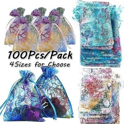 100 Stück Regenbogen Heißprägung Korallen Gazebeutel Blauer Kordelzug Kordelzug Kordelzug Schmuckverpackung Feiertagsgeschenke Süßigkeitentüten