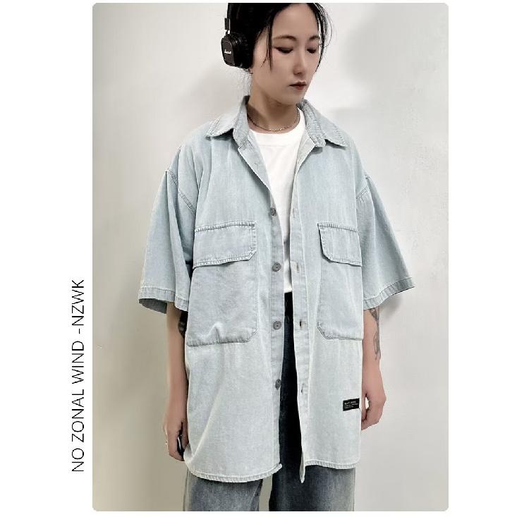 Retro Denim Workwear Short Sleeved Shirt, Men'S And Women'S Summer Fashion Brand, Japanese Retro Half Sleeved Trend, Cool And Loose Shirt