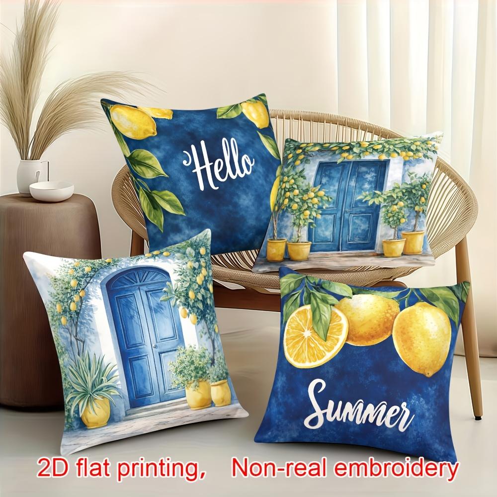 Hallo Sommer Zitronen Kissenbezüge, 2D Bedruckte Blaue Tür Blumenmuster Kissenhüllen, Nicht Gestickt Mediterrane Dekoration