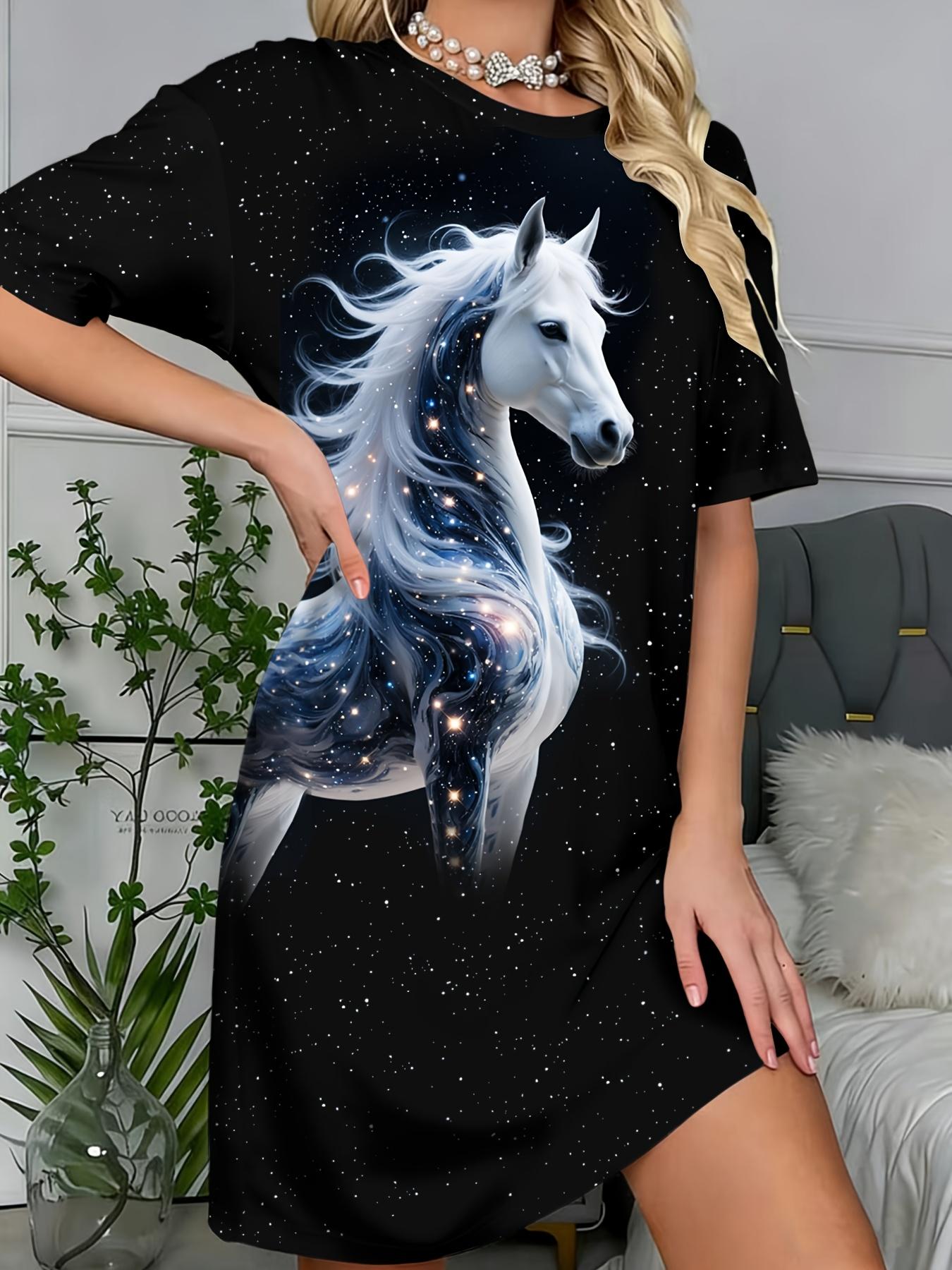 

New Women S Dress Featuring a Starry Sky And Elegant White Horse Print. Designed for a Relaxed Fit with Short Sleeves And a Round Neckline. Perfect fo S дубильная кора