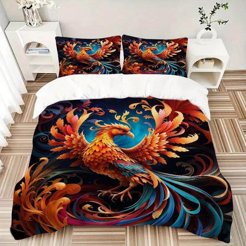 3pcs Flaming Phoenix Patterns Quilt Cover Set - Soft and Cozy Bedroom, Guest Room and Dorm Decorative Bedding 3-Piece Set 1 Quilt Cover + 2 Pillo