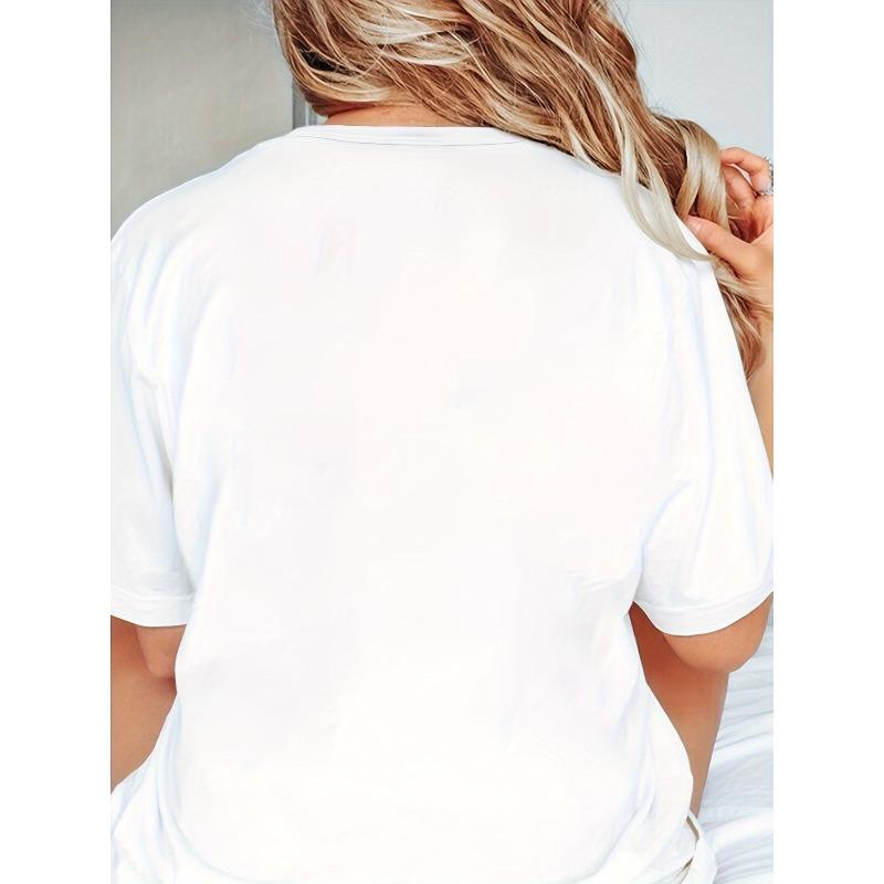 European Size Sun & Slogan Print Comfy T-Shirt, Round Neck Short Sleeve Sports Tee, Women's Activewear