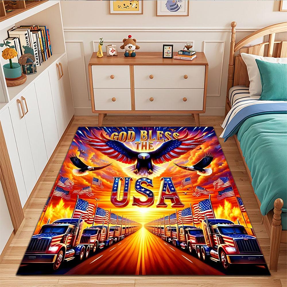 Patriotic USA Eagle with Flags and Trucks Patterned carpet, suitable as a non slip play mat for the living room and bedroom sofa