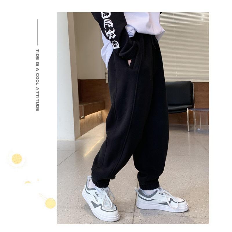 Boys Fleece Lined Solid Color Casual Sports Long Pants For Autumn Winter