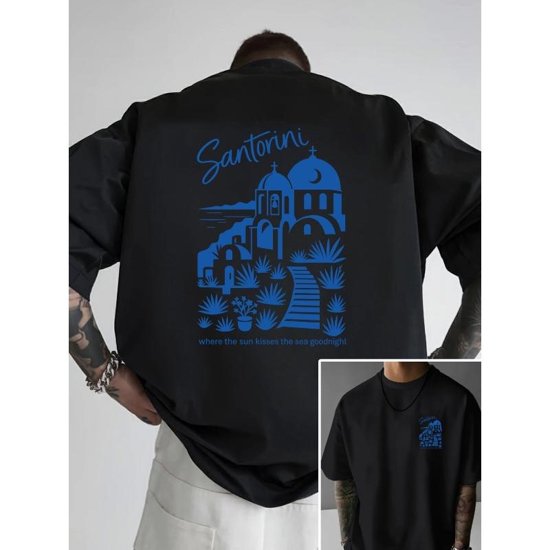 Men'S Drop Shoulder T-Shirt, Santorini, Greek Style Double-Sided Print Men'S Loose Fit T-Shirt, New Trendy Style Men'S Apparel
