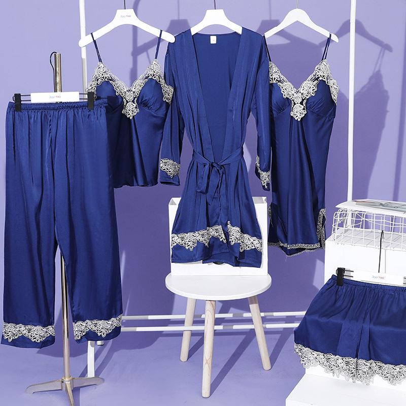 Pajamas Women's Spring Autumn Winter Thin Ice Silk Suspender Pajama Five-piece Set with Chest Pad Lace Sexy Loungewear