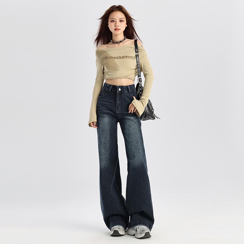 Spring/Autumn 2025 Women's American Retro High-Waist Micro-Flare Jeans - Loose, Versatile, Floor-Length Wide-Leg Pants