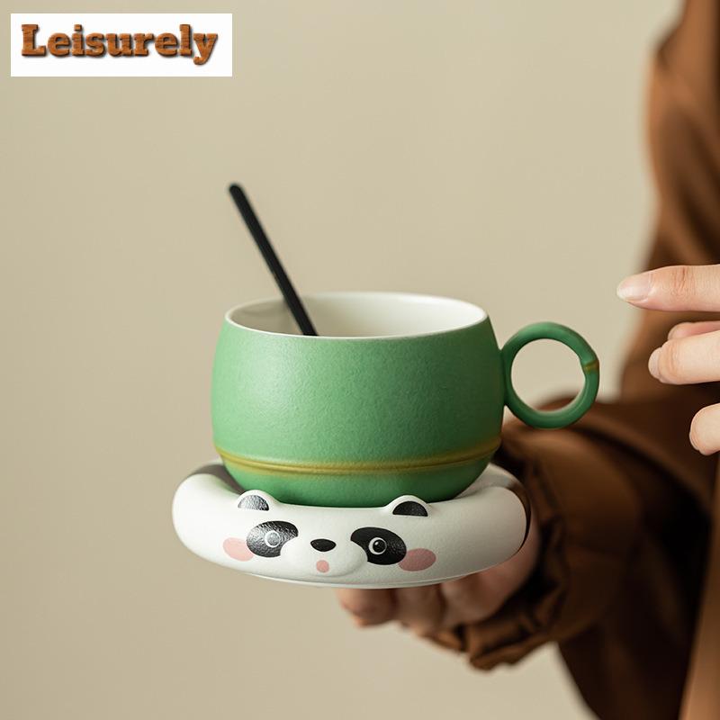 Cat Panda Ceramic Mug Tea Bowl With Saucer Kit  Couple Breakfase Oat Milk Cup With Spoon Set Christmas Valentine's Day Gift Mug