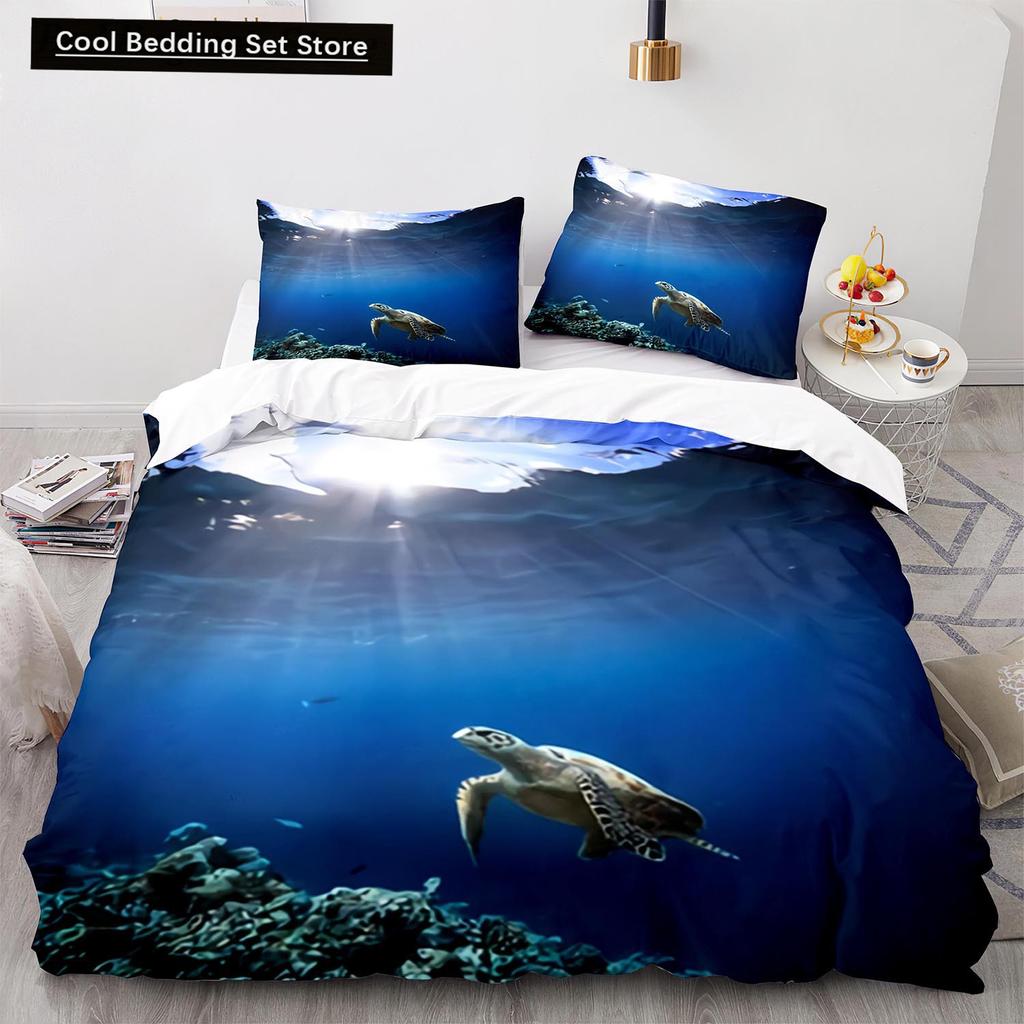 Underwater World King Queen Duvet Cover Cartoon Ocean Animal Bedding Set for Kids Fish Coral Sea Life Soft Polyester Quilt Cover
