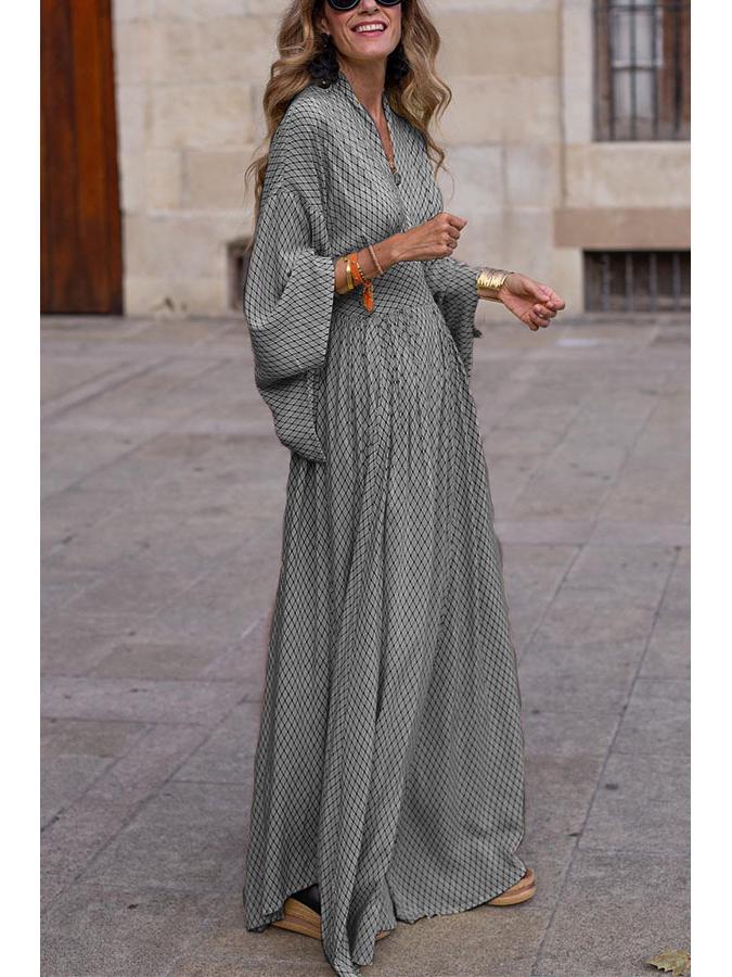 2026 Women's Spring/Summer V-Neck Long Sleeve Loose Dress with Cinched Waist and Wide Hem