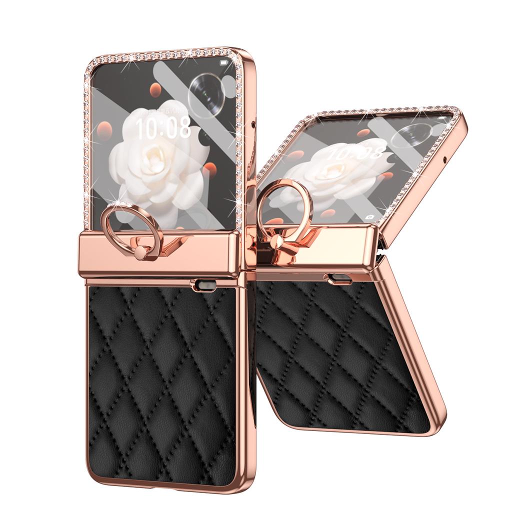 For Honor Magic V Flip Luxury Plating PC+Leather Hinge Full Body Cover Build-in Glass Front Film Shockproof Case
