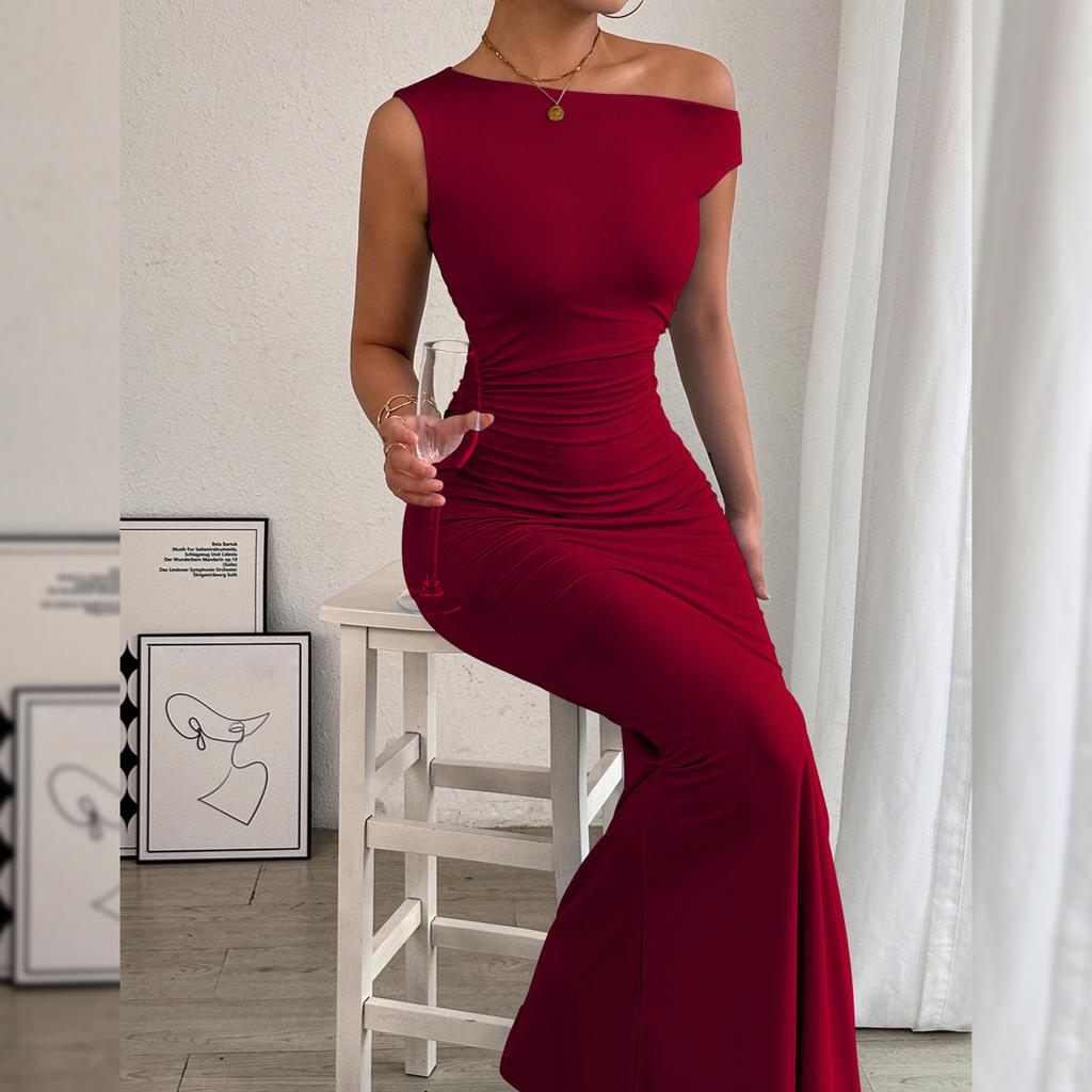 European and American Women's Fishtail Skirt with Sloping Shoulder Collar and Sleeveless Sexy Dress