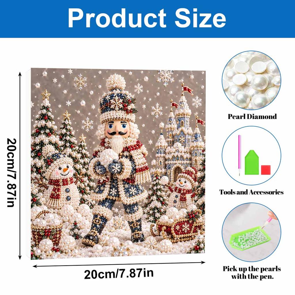 DIY Framed Pearl Painting Kit with Nutcracker and Snowmen Christmas Scene 5D Sparkling Bead Art Canvas Ready to Display Home Decor Gift Idea