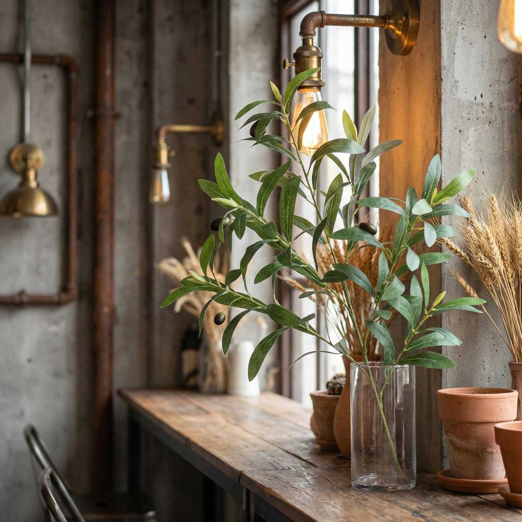 Simulated Olive Leaves With Fruit Tree Branches And Leaves, Flower Arrangement, Living Room  Decoration, Plants, Artificial Flowers, Green Plants 1pc