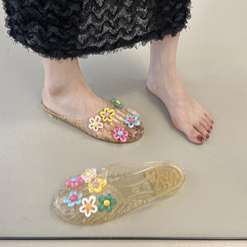 Fashion New Korean Fashion Women's Jelly Shoes with Flower Accessories Summer Footwear Ladies Flat Slippers Vocation Beach Slides Size36