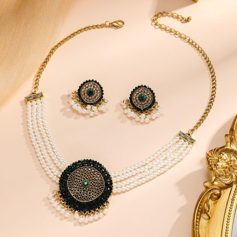 Imitation Pearl Rhinestone Necklace Earrings Luxury Choker Necklace Set Retro Jewelry Set Party
