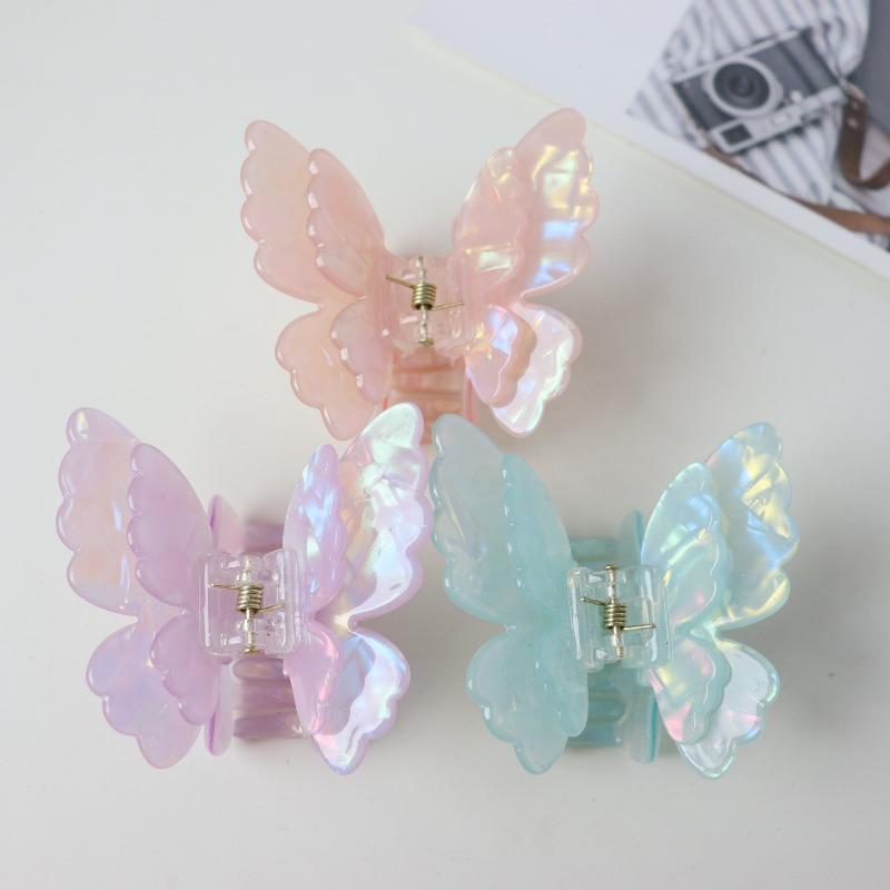 Portable Retro Double-layer Butterfly Hair Claw Colorful Acetate Crab Hair Clip for Women Travel Outdoor Emergency Use