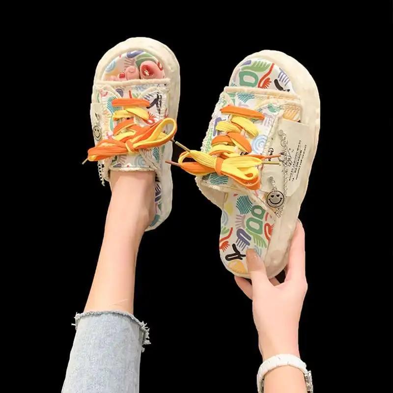 Fashion Canvas Graffiti Women's Slippers and Ladies Sandals New Collection H Sandal 2025 Trend Summer Slides Sale Original Stylish Shoes