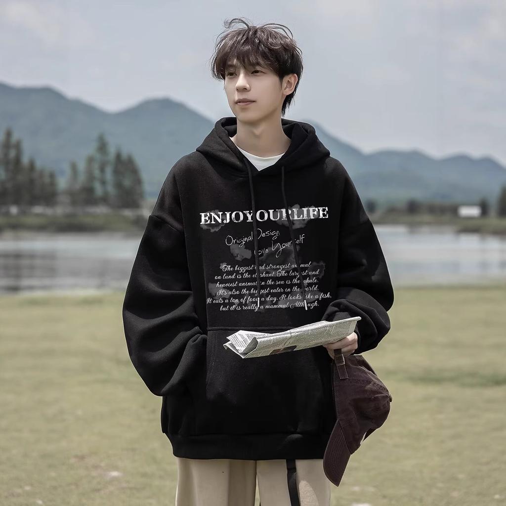 Fleece Förtjockad Tröja med Huva Herr Amerikansk Tröja Höst och Vinter Tröja med Huva Tonårsjacka