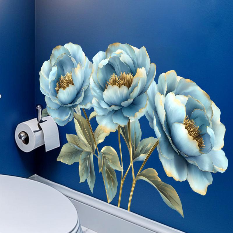 Realistic Gold Blue Flowers Wall Sticker Self-Adhesive Removable Decor for Home Bathroom Living Room Wardrobe