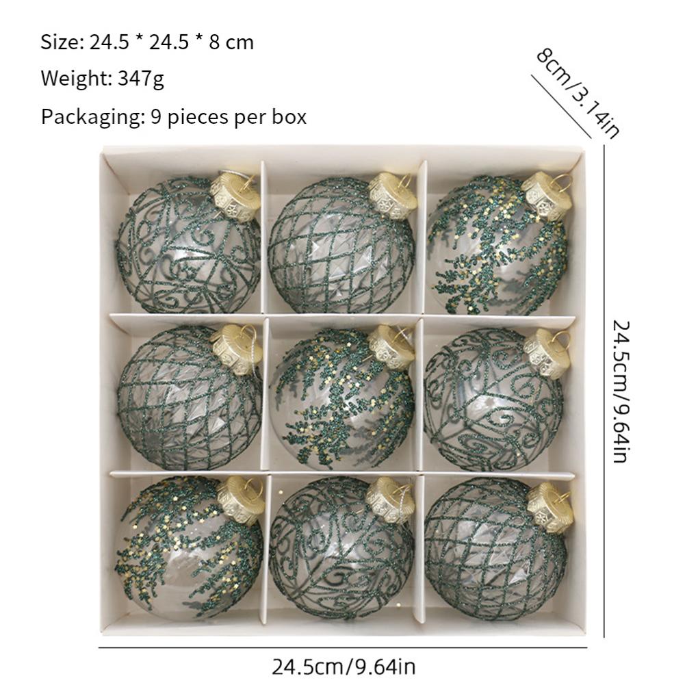 

9PCS Transparent PET Christmas Ball Set Featuring Painted Finish and Hanging Loops Suitable for Holiday Decoration зелений