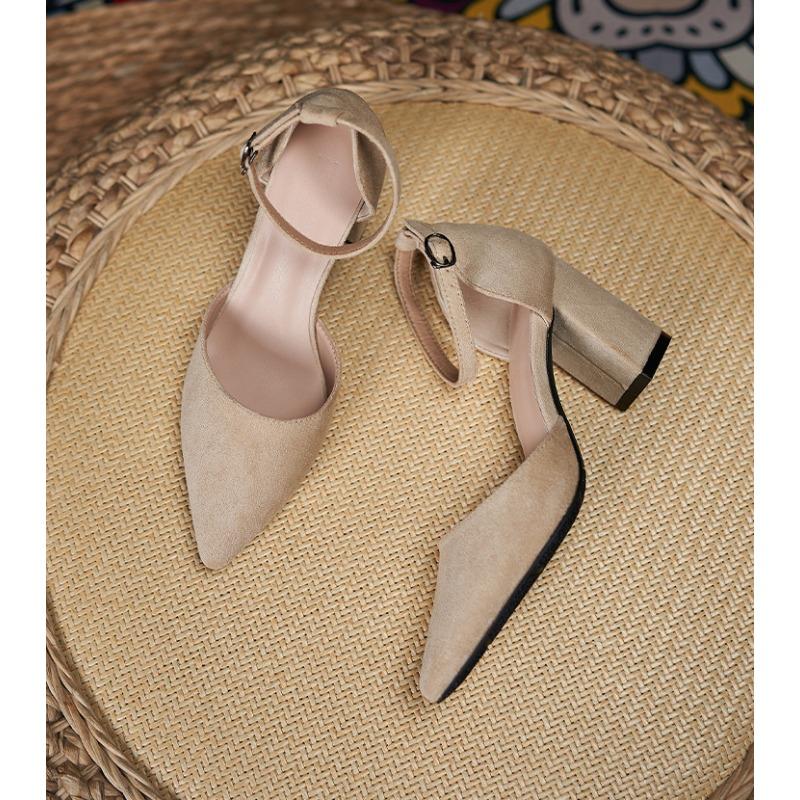 31-44 Women Pumps Fashion Black High Heels Shoes Flock Pointed Sandals Summer New Party Thick Heel Shoes Ladies Wedding Shoes