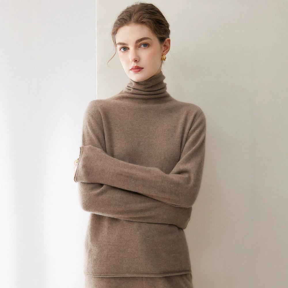 Women's Pure Cashmere High Neck Sweater with Rolled Hem