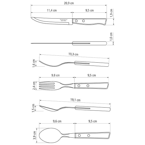 Tramontina Traditional 3-Piece Set: 21cm Steak Knife with Heavy-Duty Natural Wood Handle, 19cm Table Fork, and 19cm Table Spoon. Triple-Tempered, Ligh