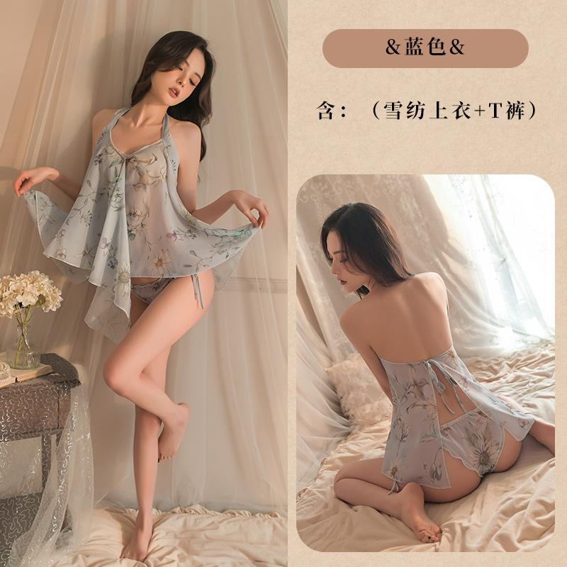 Sexy lingerie sexy temptation women's perspective chiffon printing hot skirt pure passion women's summer