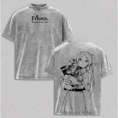 Harajuku Anime Cute Frieren Beyond Journey's End T-shirt Men's Clothing Washed Oversized T Shirt Short Sleeve Cotton Tees Tops