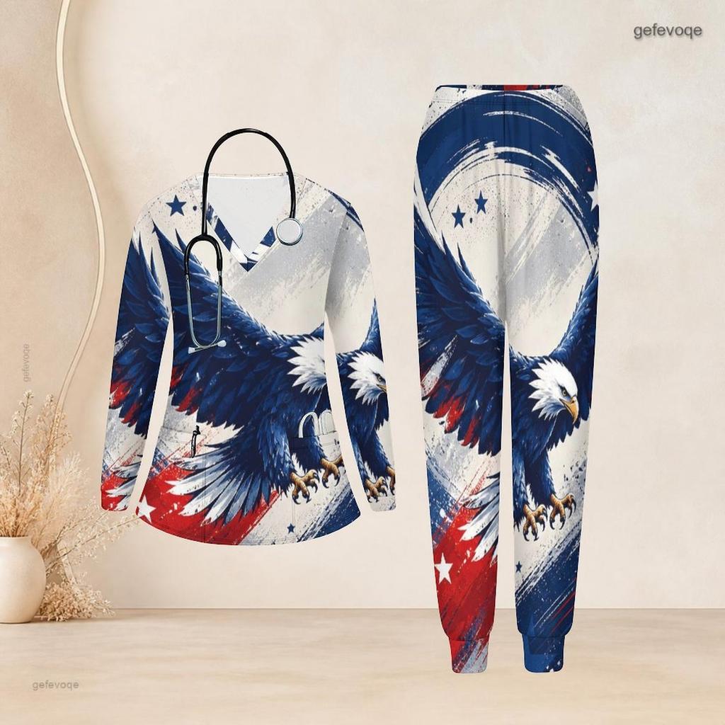 Women Plus Size V Neck Long Sleeve Scrub Set Patriotic Galaxy Star Planet Swirl Print Nurse Uniform Set