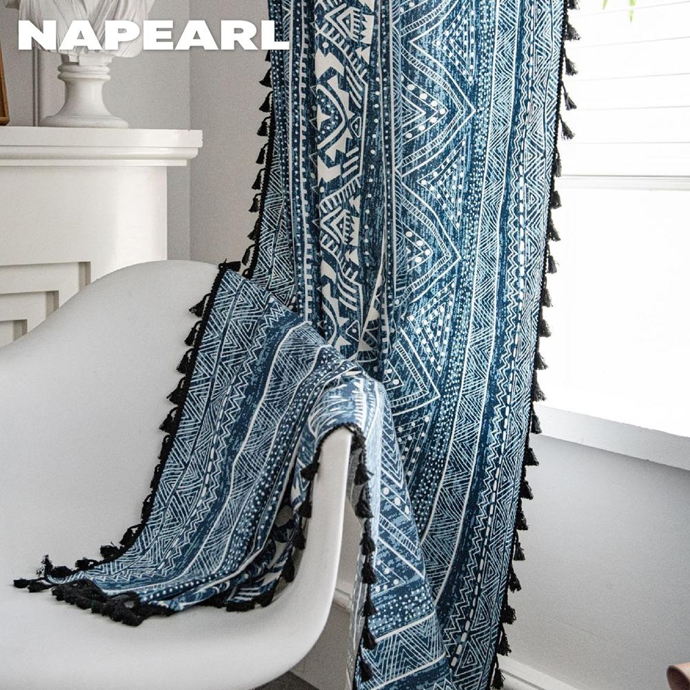 1PC NAPEARL Bohemian Style Blue Geometric Print Curtain with Fringe Semi Blackout for Small Windows Balcony Home Decor