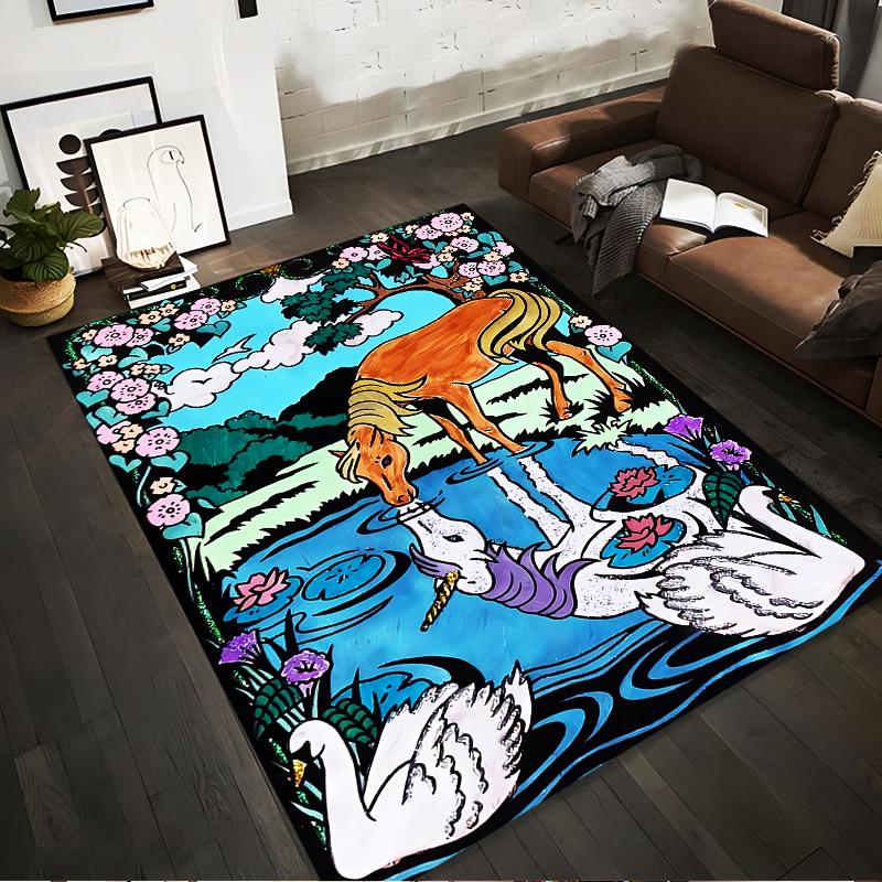 Colorful Horse and Unicorn Reflection Scenic Carpet for Living Room Suitable for use as an anti-slip for living room bedroom sofas