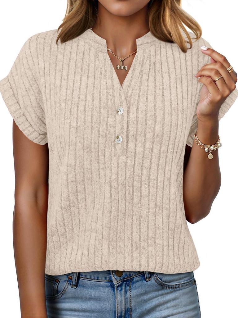 2026 Spring/Summer Casual Brushed Ribbed V-Neck Batwing Short-Sleeved Women's Top