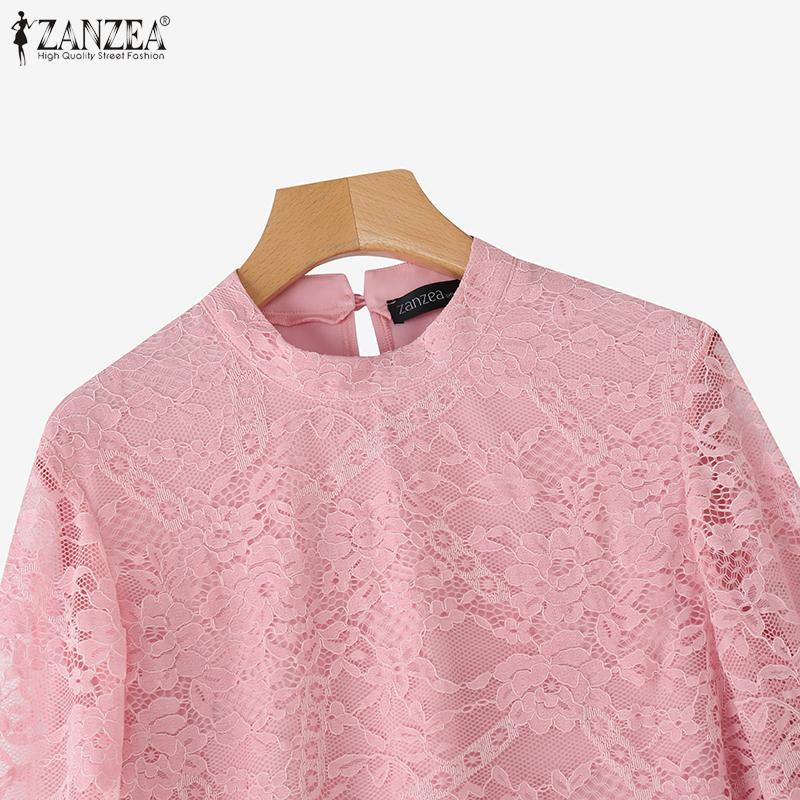 ZANZEA Women Casual Round Neck 3/4 Sleeve Lace Patchwork Blouse