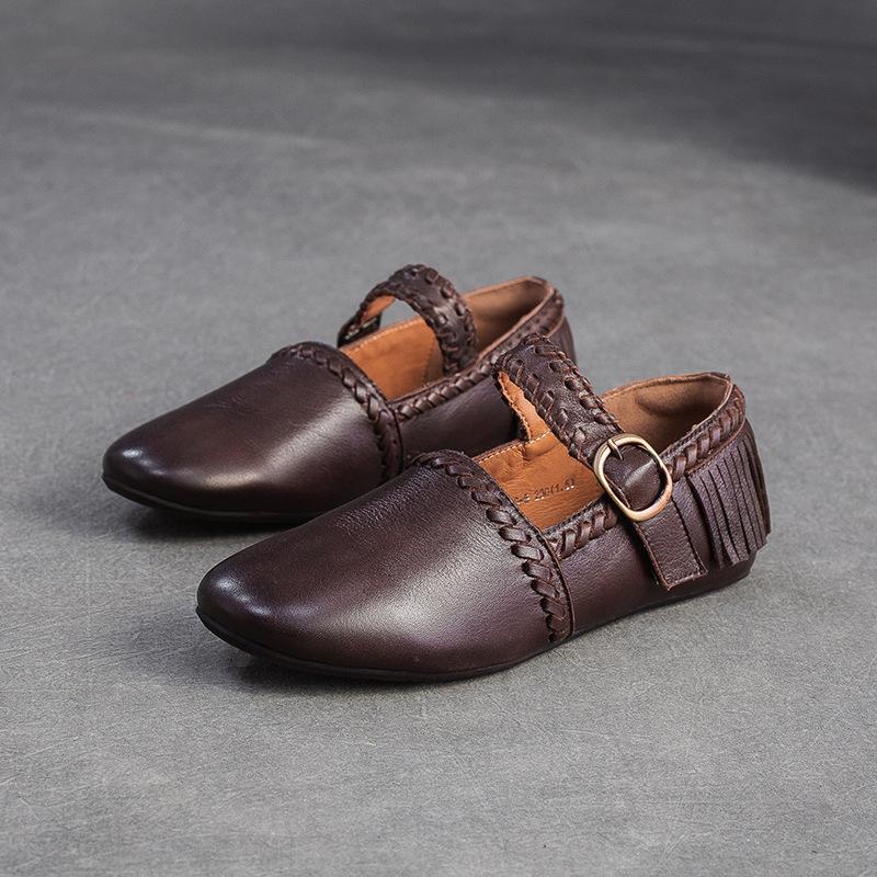 Johnature Genuine Leather Solid Color Belt Buckle Women's Shoes Retro Versatile Tassel Round Toe Soft Sole Flats