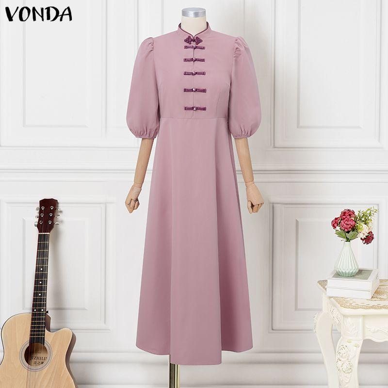 VONDA Летнее Женское Платье Макси с Коротким Рукавом, Ретро, Узел, Однотонное, Повседневное L фиолетовый