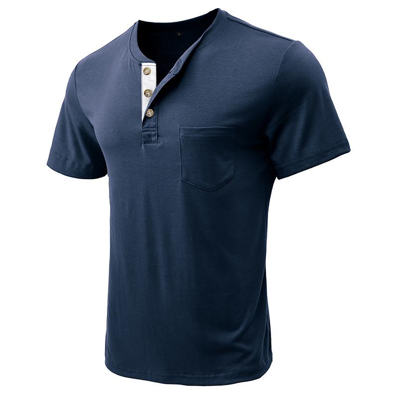 European and American Style Men’s Summer Top Short Sleeve T-shirt Solid Buttoned Round Neck Henley Shirt