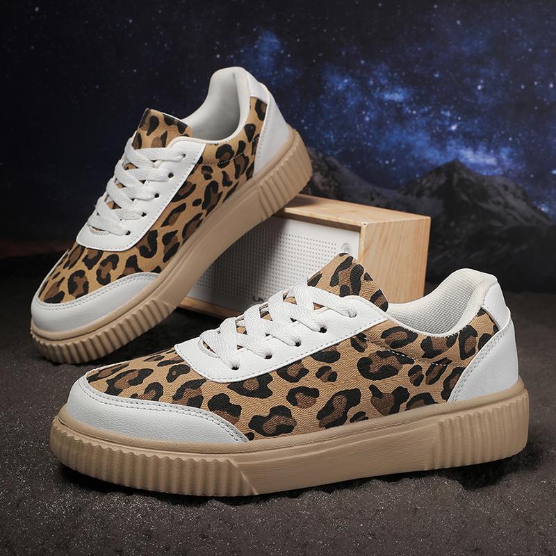 Leopard Print Platform Women's Sneakers Lace-Up Thick Bottom Vulcanize Shoes Woman Canvas Breathable Skateboarding Shoes Ladies