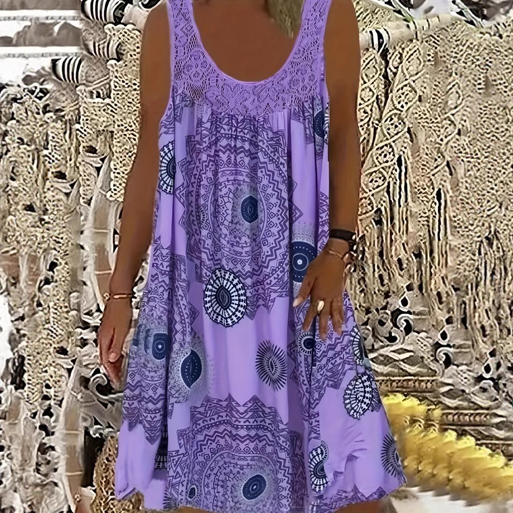 Women's Scoop Neck Sleeveless Geometric Print Loose Fit Mid Waist Casual Tank Dress Sundress