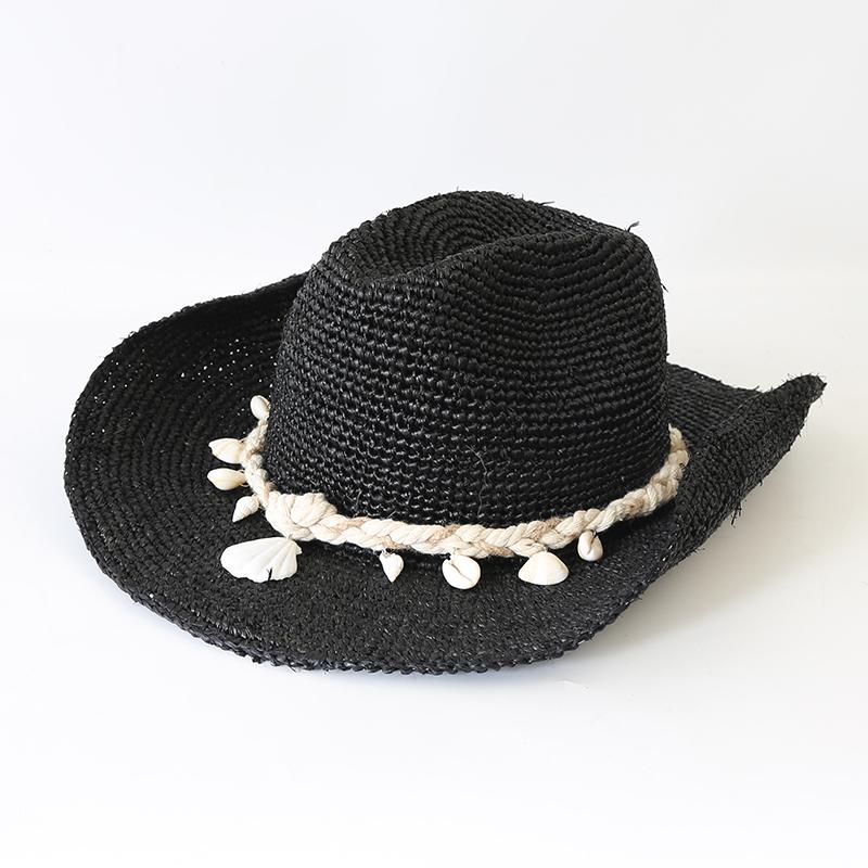 Summer Raffia Wide Brim Cowboy Hat Outdoor  Sun Protection Natural Straw  Hat Hand Crochet Raffia Cowboy Chain Sun Hat