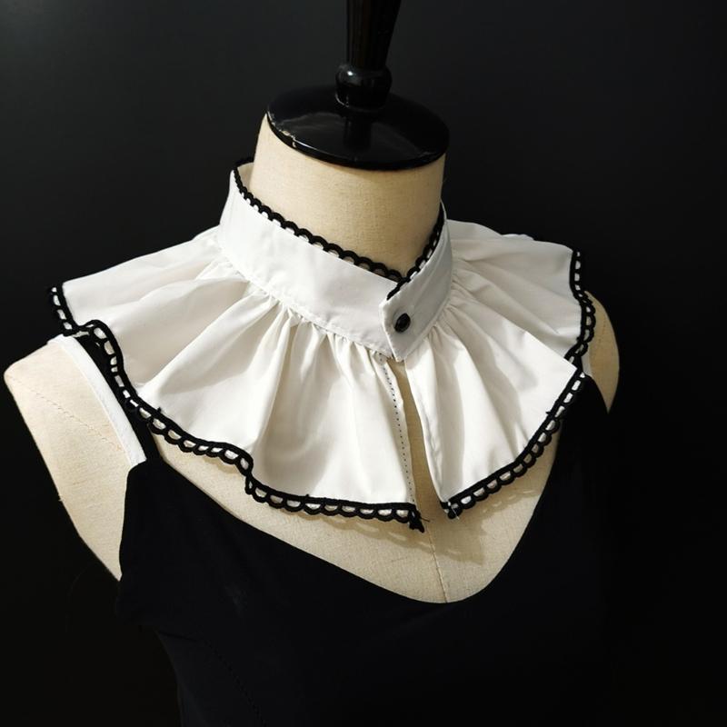 Women's Black Trimmed Chiffon Pleated Detachable Fake Collar Wrist Cuffs False Sleeves for Formal Event Decorative Piece